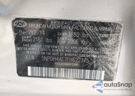 2015 Hyundai Elantra Se from USA, damaged, VIN 5NPDH4AE7FH622375